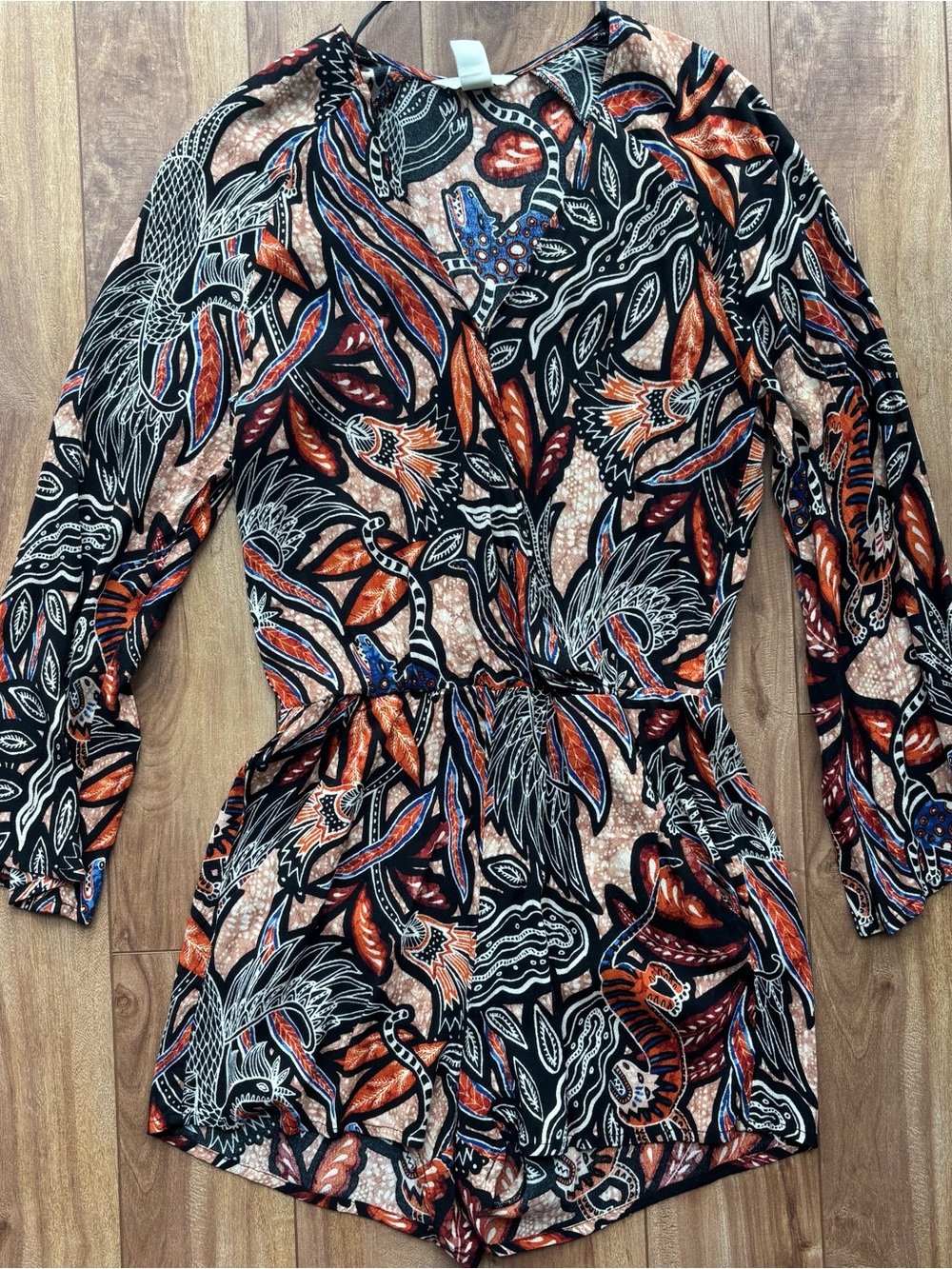 Vibrant Leaf Print Long Sleeve Romper in Black & Rust - Picture 2 of 7